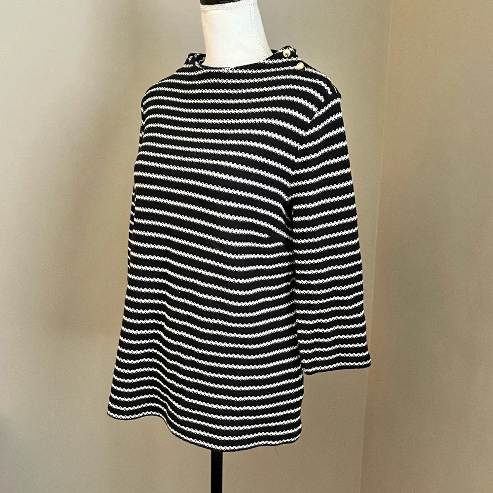 Talbots Sweater Womens Petite L Black White Stripes Knit Gold Button Nautical